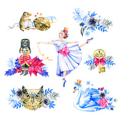 Watercolor christmas elements illustration, christmas elements clipart nutcracker, christmas elegant tree vintage, vintage, rocking horse, princess, vintage toys