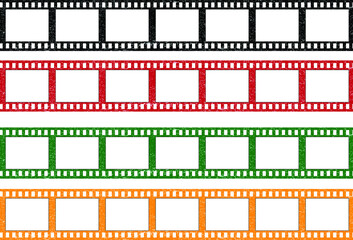 A collection of grunge film strips in black, red, green and orange. Old retro cinema film strip. Video recording. Vector illustration.