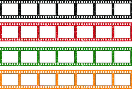 A collection of grunge film strips in black, red, green and orange. Old retro cinema film strip. Video recording. Vector illustration.