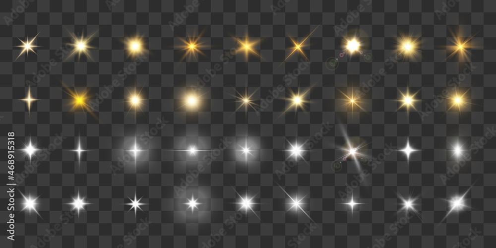 Poster realistic collection of bright light effects, sparkling stars on a transparent background. vector