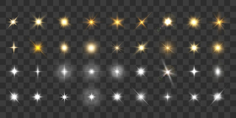 Realistic collection of bright light effects, sparkling stars on a transparent background. Vector - obrazy, fototapety, plakaty