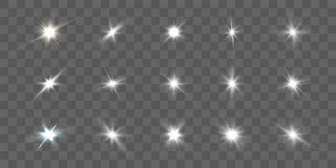 Realistic collection of bright light effects, sparkling stars on a transparent background. Vector - obrazy, fototapety, plakaty