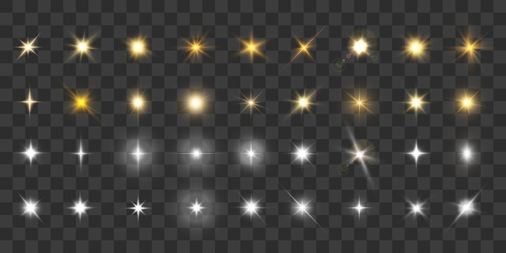 Realistic collection of bright light effects, sparkling stars on a transparent background. Vector