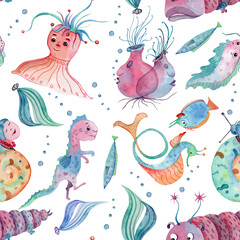 Hand drawn watercolor seamless pattern of underwater 
world. Cartoon sea monsters 