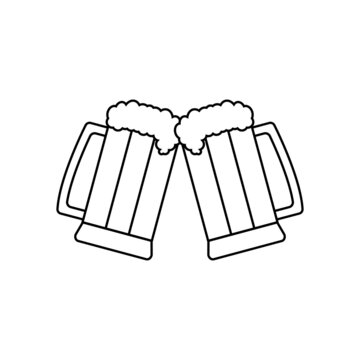 Double Beer. Two Beer Mug Together. Toast And Cheers. Editable Isolated Linear Vector Illustration, Icon And Clipart On White Background.