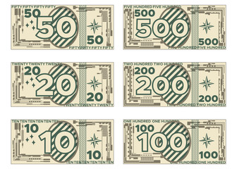 A set of play money. Isolated on white background. Vector illustration.