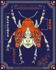 Hannya mask mechanical beetle vector illustration. On the left we have Japanese proverbs "even monkeys fall from trees" and "romantic affair". On the right "luxurious and gorgeous".