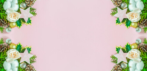 Christmas banner pink composition. Pink christmas gifts, fir branches Christmas, new year concept,...