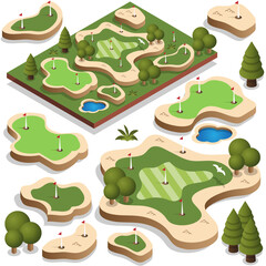 Set of elements for a golf course. Isometric. Vector illustration.