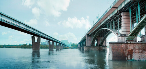 Metro bridge and Communal bridge across Ob river in Novosibirsk, Russia