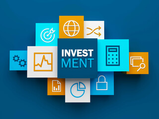 3D render of top view of INVESTMENT business concept with symbols on colorful cubes on dark blue background