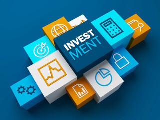 3D render of perspective view of INVESTMENT business concept with symbols on colorful cubes on dark blue background