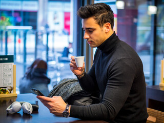 Attractive Man Drinking Coffee and Using Smartphone