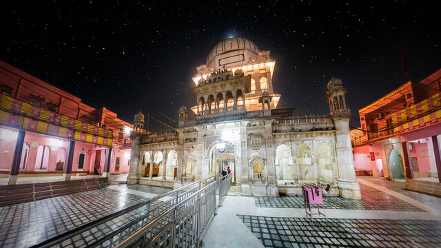 Temple with thousands of sacred rats Karni Mata. Beautiful view of the temple and the starry sky. Disnok, suburb of Bikaner, India