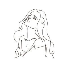 Silhouette of a women in a shirt with an open shoulder. Pretty and sexy young girl. Abstract minimalistic sketch in black continuous lines. Great for postcard, textiles, logo ,icon, avatar. - 468917502