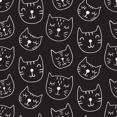 Vector Cat seamless pattern, white on black