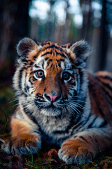  photo of the Amur tiger baby. evening forest