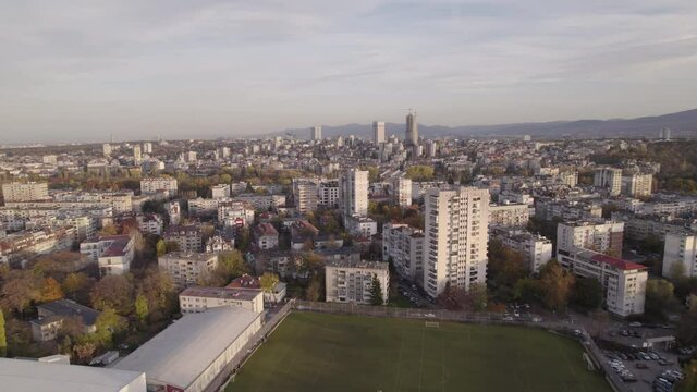 Aerial view of green parks and buildings in Sofia, Bulgaria