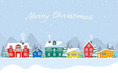 Snowy day in a cozy Christmas panorama of the village. Winter Christmas village landscape. Colorful houses Iceland, North Pole, Holland. Greeting card with the inscription merry christmas