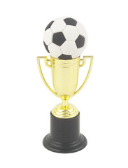 Soccer ball on golden trophy cup isolated on white background. Football championship concept.