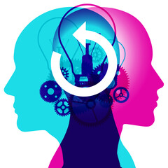 A “back-to-back” male and female side silhouette, overlaid with various sizes translucent light bulbs and gears shapes. Centrally overlapping is a large white “Rewind” icon.