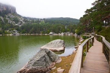 Fototapeta premium A lake with rock formations and surrounded by a pine forest.
