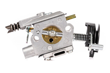 chainsaw carburetor, side view on white background