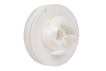 plastic bushing on white background, starter spare part for trimmer or chainsaw and lawn mower