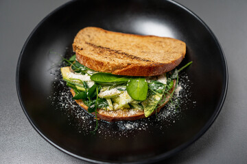Sandwich of toasted bread and stuffed with fresh organic vegetables, herbs and hard Parmesan cheese. Green fatty vegetable avocado, microgreen and leaves. Delicious nutritious breakfast. Avocado toast