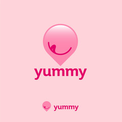 Yummy, sweets logo. Food point icon. Map marker with  smile.
