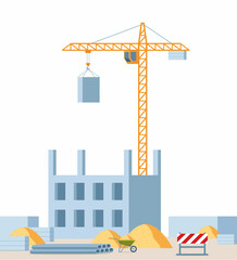 Building work process with houses and tower crane. Vector illustration.