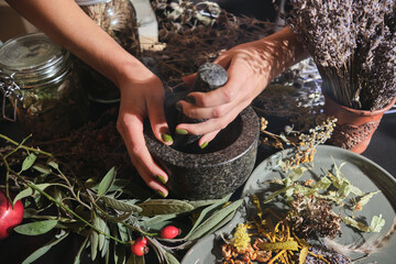 The girl grinds dry herbs in a mortar. Preparation of a mixture of dried herbs for making tea, medicines, tinctures. Phytotherapy, alternative medicine. - obrazy, fototapety, plakaty