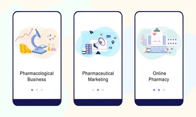 Mobile application design template set for pharmacological business, pharmaceutical marketing, online pharmacy. UI on boarding screens design concept. modern vector illustrations for user interface.