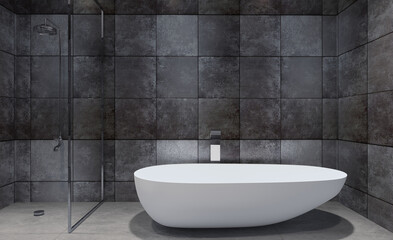 Obraz na płótnie Canvas Spacious bathroom in gray tones with heated floors, freestanding tub. 3D rendering.