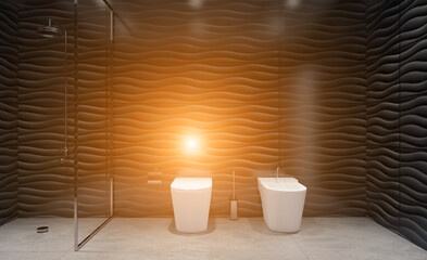 Clean and fresh bathroom with natural light. 3D rendering.. Sunset.