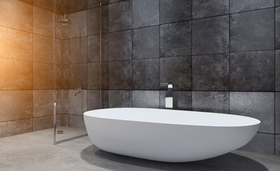 Obraz na płótnie Canvas Spacious bathroom in gray tones with heated floors, freestanding tub. 3D rendering.. Sunset.