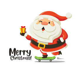 Merry Christmas character design. Santa Claus pushing a big Christmas gift box presents. Merry Christmas lettering. Vector
