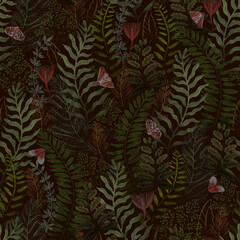 Hand drawn Ferns seamless pattern, forest plants with butterflies dark background - obrazy, fototapety, plakaty