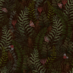 Hand drawn Ferns seamless pattern, forest plants with butterflies dark background