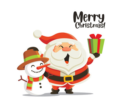 Merry Christmas and Happy New Year. Cute cartoon Santa Claus holding Christmas present and hand touch on snowman head. Holiday greeting card Santa Claus and snowman. Merry Christmas lettering