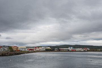 Fototapeta na wymiar Village of Holmavik in Steingrimsfjordur fjord in Strandir in North Iceland