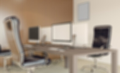 Bokeh blurred phototography. Furniture set with table, chairs and devices. 3D rendering.. Moc