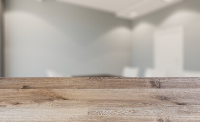 Background with empty wooden table. Flooring. Open space office interior with like conference room. Mockup. 3D