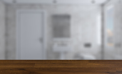 Background with empty table. Flooring. Modern bathroom including bath and sink. 3D rendering.