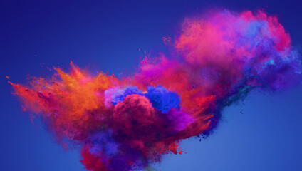 Cloud of colorful red and blue powder explosion