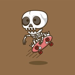 cute cartoon skull character playing skateboard. vector illustration for mascot logo or sticker