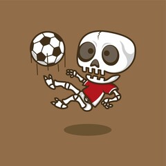 cute cartoon skull character playing soccer. vector illustration for mascot logo or sticker