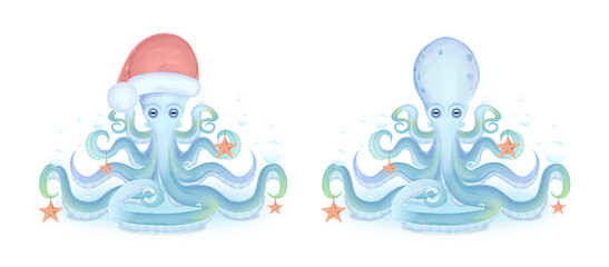 Watercolor water octopus in two versions, one for the new year, the second regular