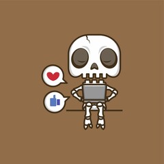 cute cartoon skull character playing social media on laptop. vector illustration for mascot logo or sticker