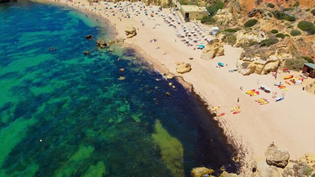 Aerial view of Praia dos Paradinha beach, Albufeira, Algarve, Portugal